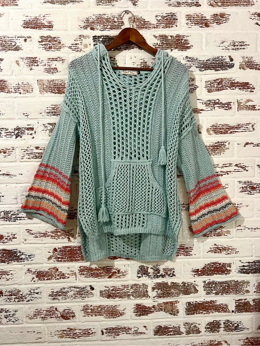 Bad Little Country Girl Boho Crochet Sweater Hooded Beachy Open Knit Pullover M
